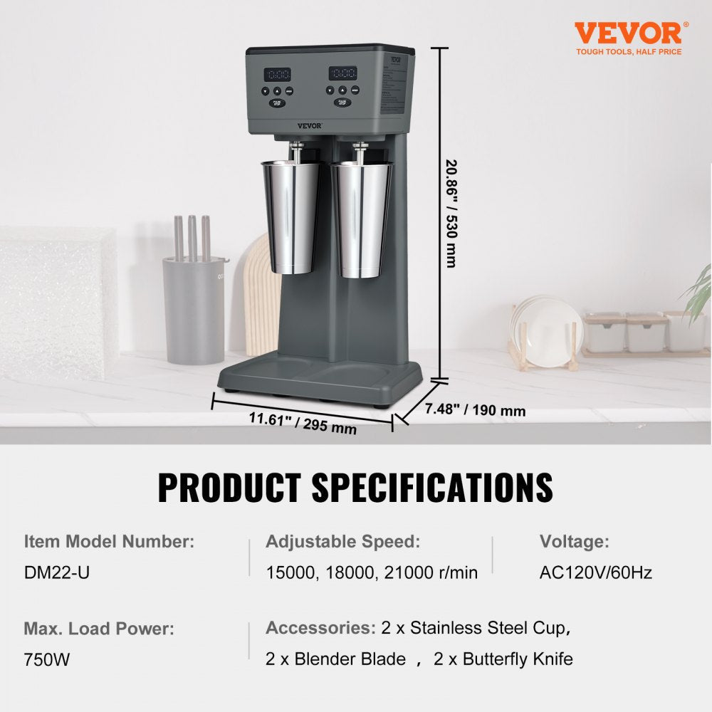 VEVOR Milkshake Maker, 375W x 2 Electric Milkshake Machine, Commercial Double Heads Drink Mixer Blender, LED Intelligent Microswitch, 3-Speed Milkshake Mixer with 2 x 820 ml Stainless Steel Cups 
