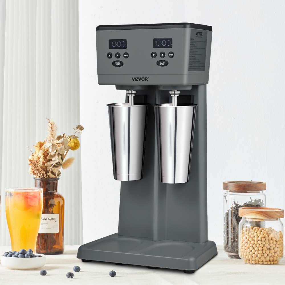 VEVOR Milkshake Maker, 375W x 2 Electric Milkshake Machine, Commercial Double Heads Drink Mixer Blender, LED Intelligent Microswitch, 3-Speed Milkshake Mixer with 2 x 820 ml Stainless Steel Cups 