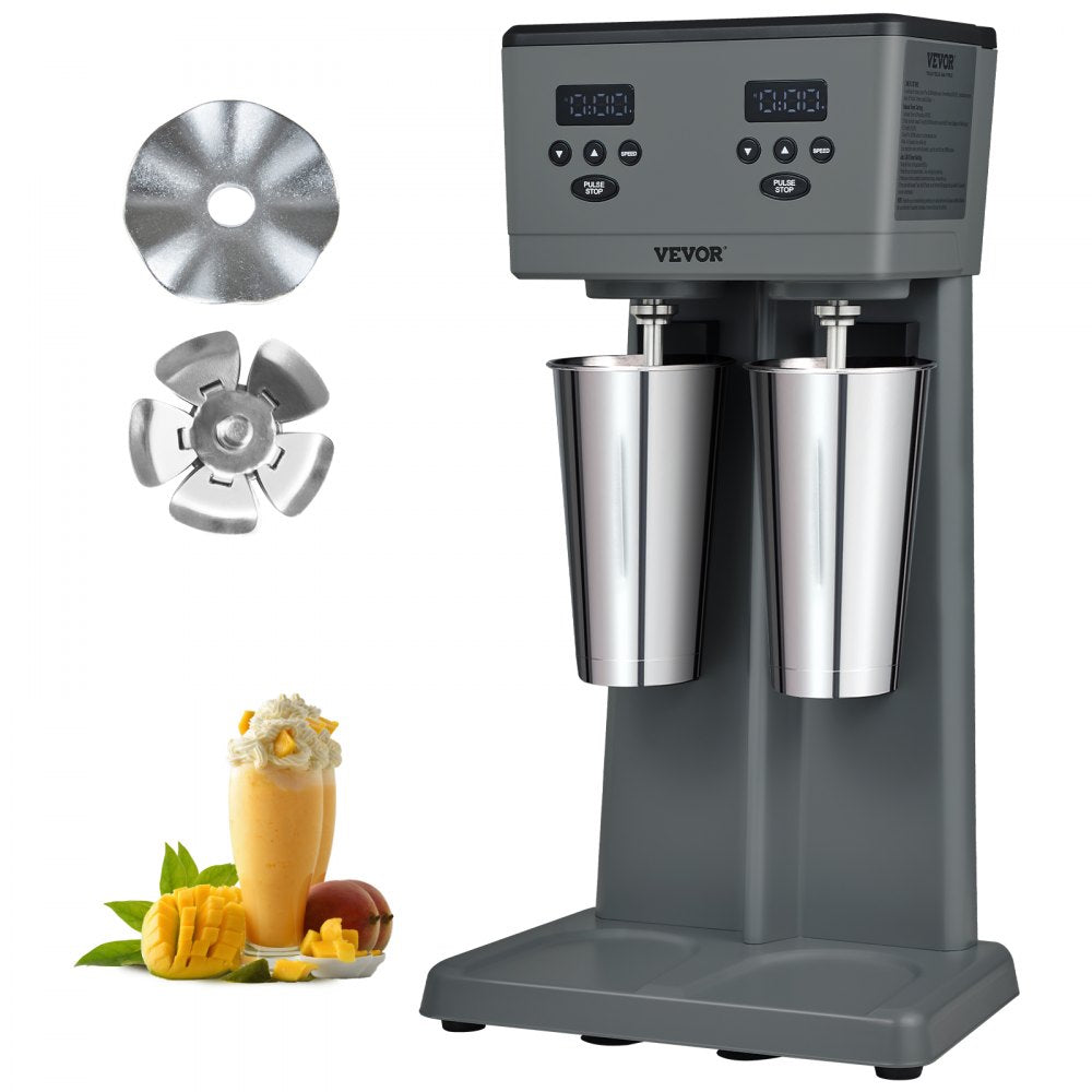 VEVOR Milkshake Maker, 375W x 2 Electric Milkshake Machine, Commercial Double Heads Drink Mixer Blender, LED Intelligent Microswitch, 3-Speed Milkshake Mixer with 2 x 820 ml Stainless Steel Cups 