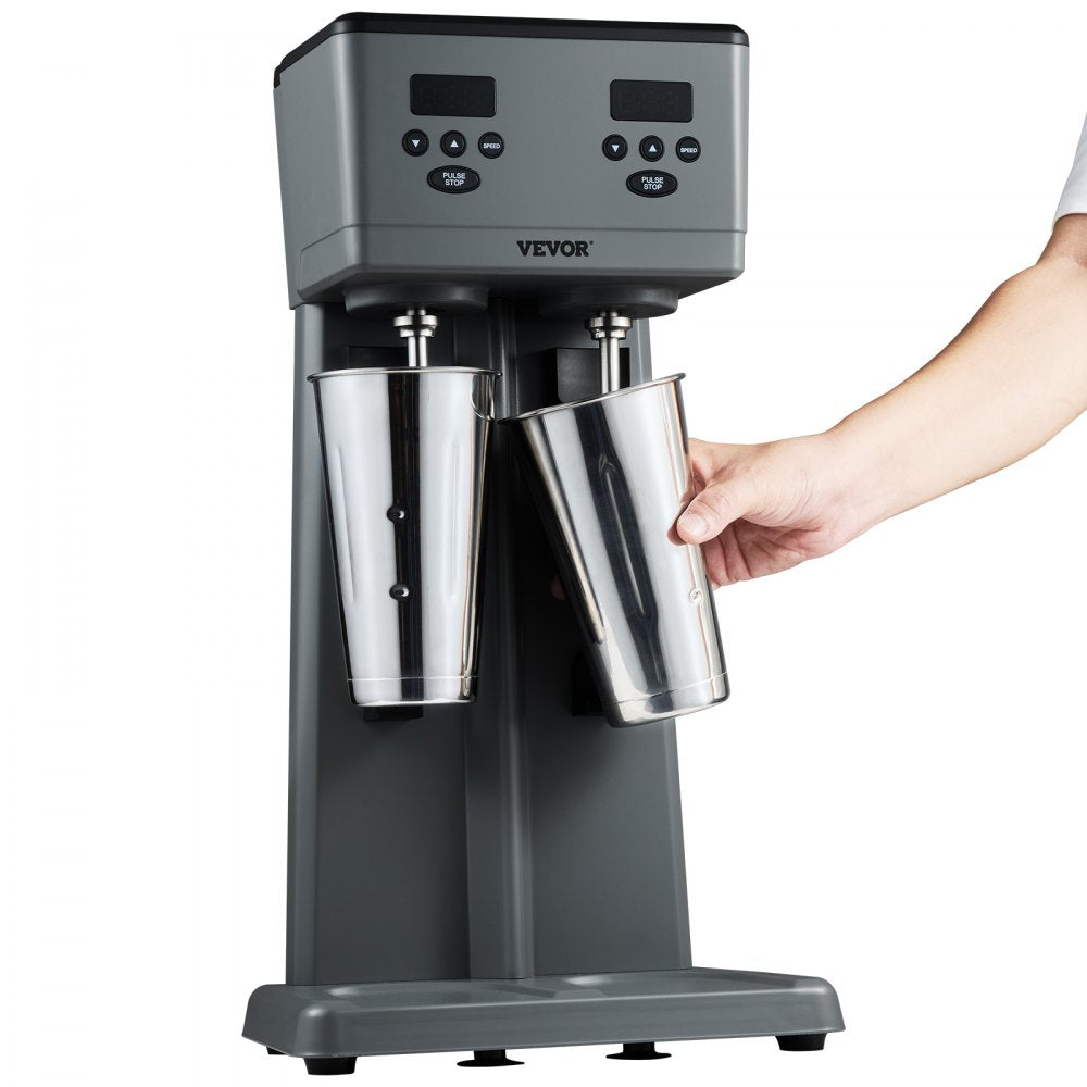 VEVOR Milkshake Maker, 375W x 2 Electric Milkshake Machine, Commercial Double Heads Drink Mixer Blender, LED Intelligent Microswitch, 3-Speed Milkshake Mixer with 2 x 820 ml Stainless Steel Cups 