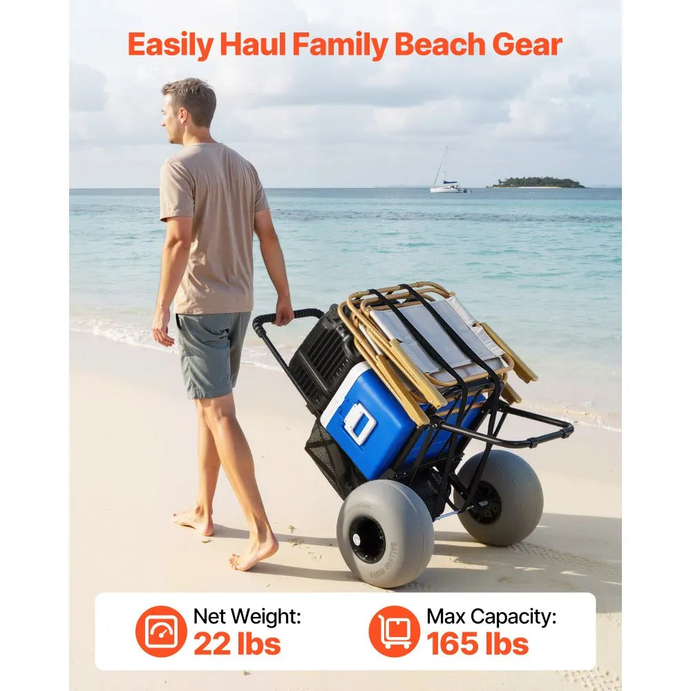 VEVOR Beach Dolly Cart with 12" Balloon Wheels, Folding Sand Cart, 165 lb Capacity, Adjustable Handle, Heavy-Duty Beach Wagon for Camping, Fishing & Outdoor Adventures
