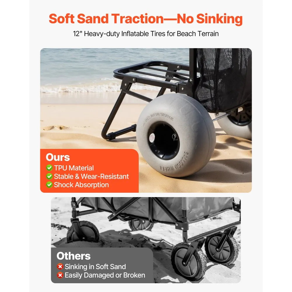VEVOR Beach Dolly Cart with 12" Balloon Wheels, Folding Sand Cart, 165 lb Capacity, Adjustable Handle, Heavy-Duty Beach Wagon for Camping, Fishing & Outdoor Adventures