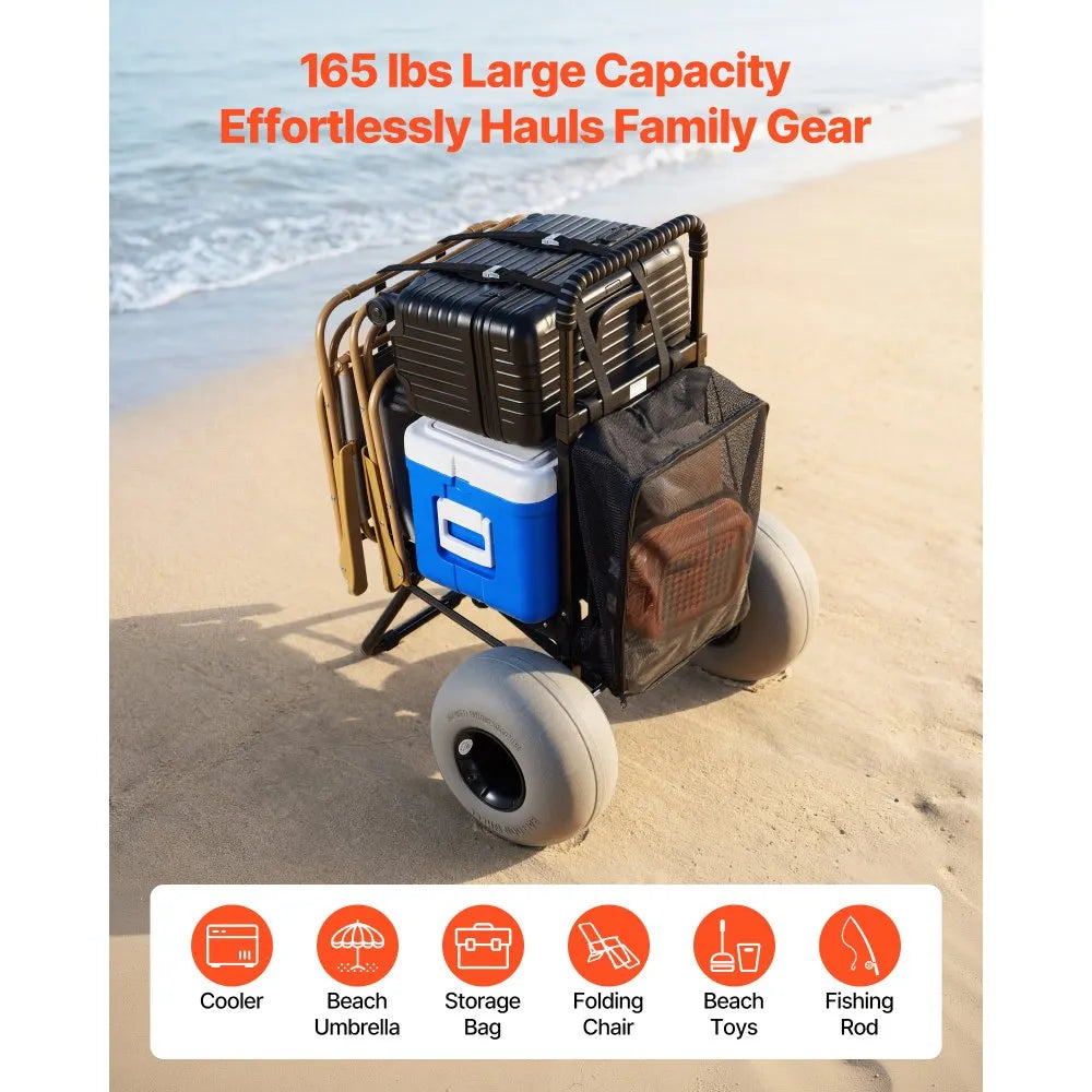 VEVOR Beach Dolly Cart with 12" Balloon Wheels, Folding Sand Cart, 165 lb Capacity, Adjustable Handle, Heavy-Duty Beach Wagon for Camping, Fishing & Outdoor Adventures
