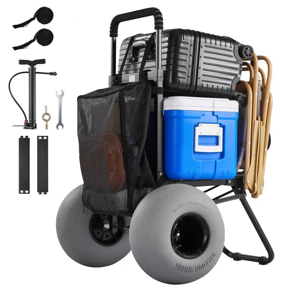 VEVOR Beach Dolly Cart with 12" Balloon Wheels, Folding Sand Cart, 165 lb Capacity, Adjustable Handle, Heavy-Duty Beach Wagon for Camping, Fishing & Outdoor Adventures