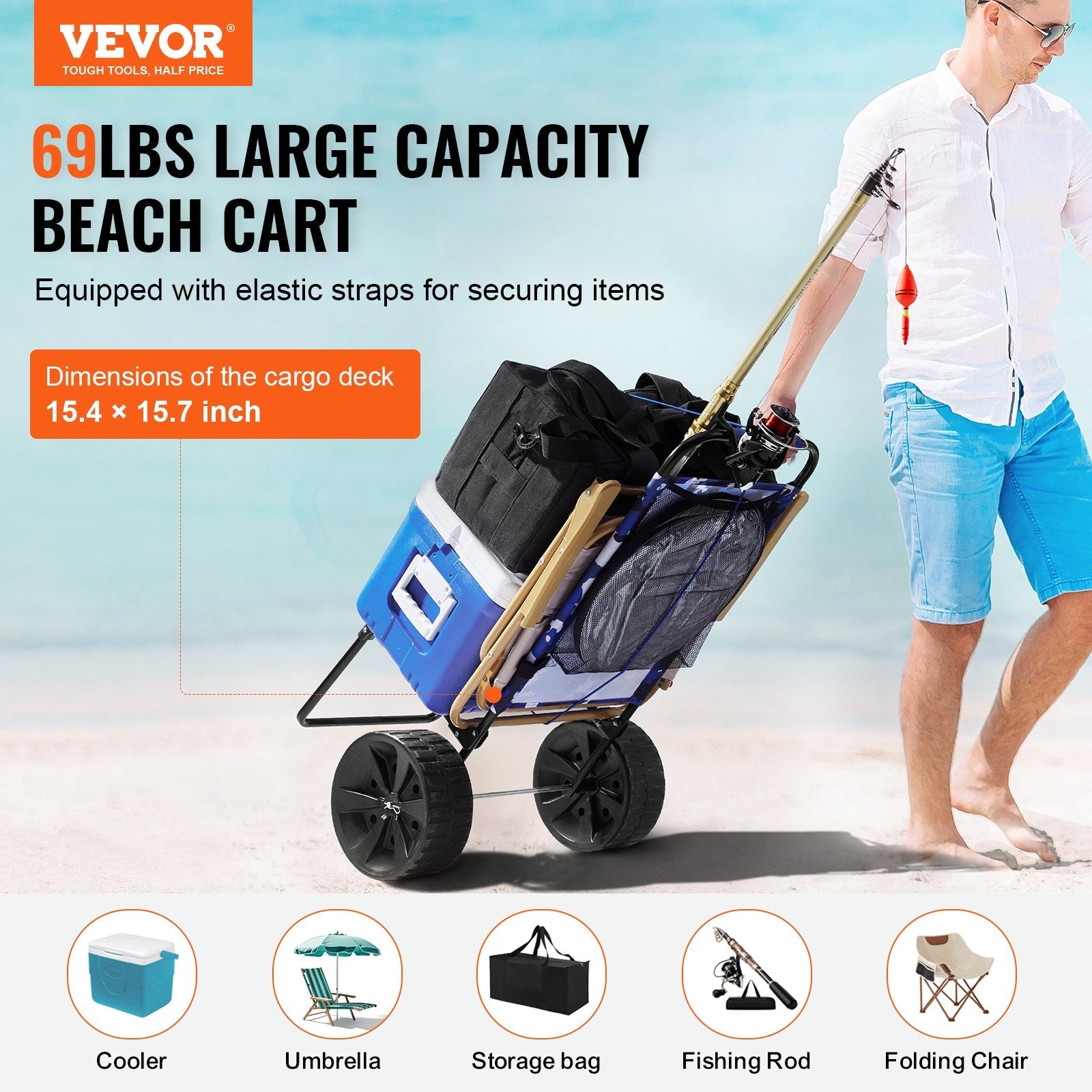 VEVOR Beach Dolly with Big Wheels for Sand, 15.4" x 15.7" Cargo Deck, w/ 10" PE Solid Wheels, 69LBS Loading Capacity Folding Sand Cart, Heavy Duty Cart for Picnic, Camping, Fishing, Beach, Gardening 