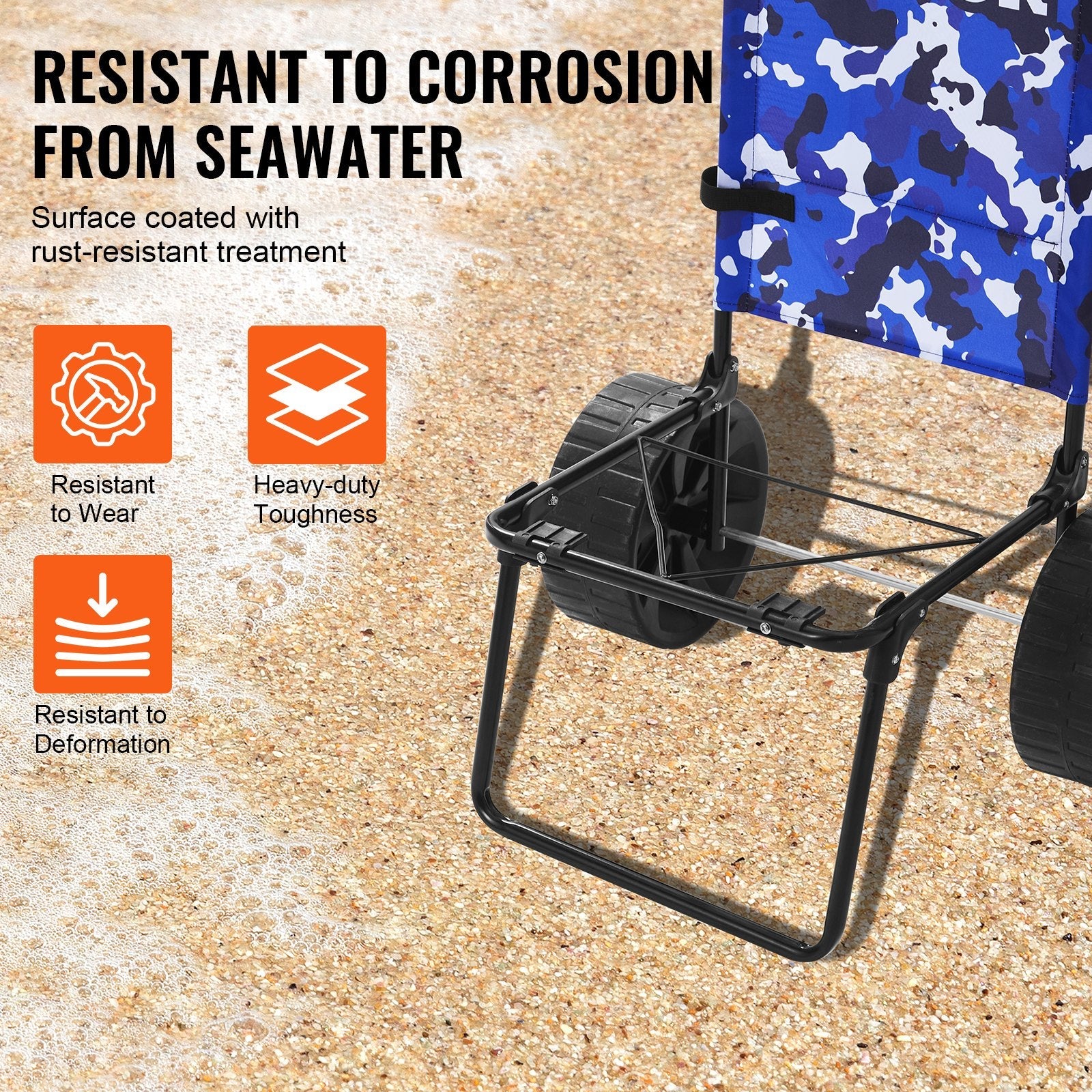 VEVOR Beach Dolly with Big Wheels for Sand, 15.4" x 15.7" Cargo Deck, w/ 10" PE Solid Wheels, 69LBS Loading Capacity Folding Sand Cart, Heavy Duty Cart for Picnic, Camping, Fishing, Beach, Gardening 