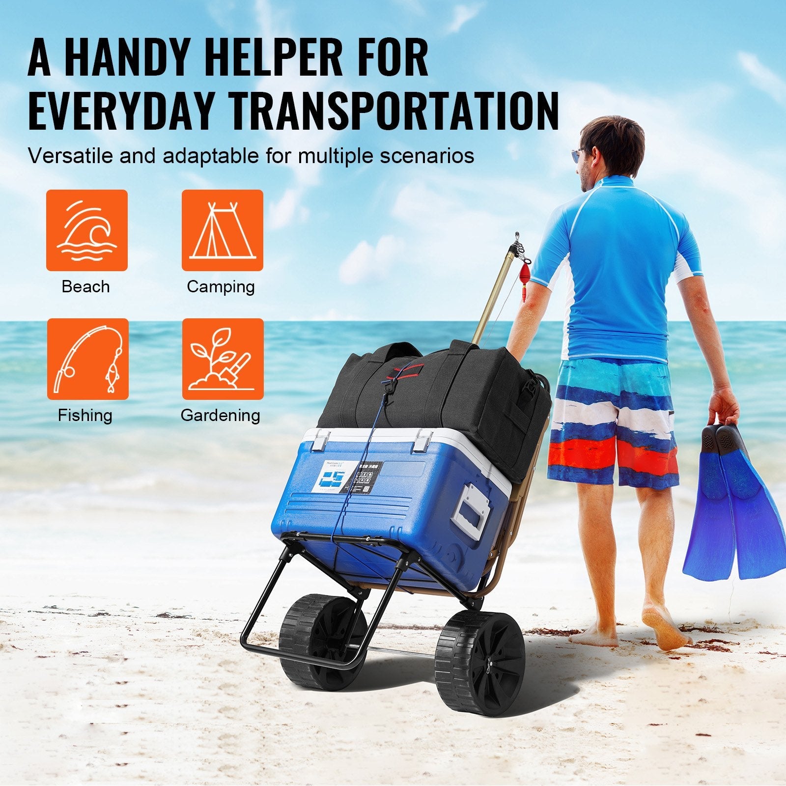 VEVOR Beach Dolly with Big Wheels for Sand, 15.4" x 15.7" Cargo Deck, w/ 10" PE Solid Wheels, 69LBS Loading Capacity Folding Sand Cart, Heavy Duty Cart for Picnic, Camping, Fishing, Beach, Gardening 