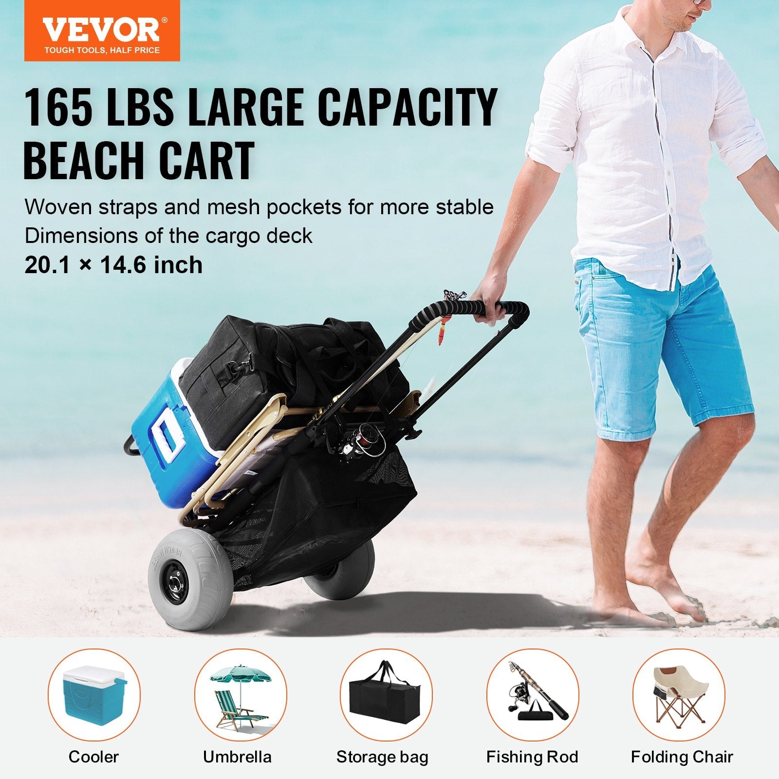 VEVOR Beach Dolly with Big Wheels for Sand, 20.1" x 14.6" Cargo Deck, w/ 9" Balloon Wheels, 165LBS Loading Capacity Folding Sand Cart & 27.2" to 44.9" Adjustable Height, Heavy Duty Cart for Beach 