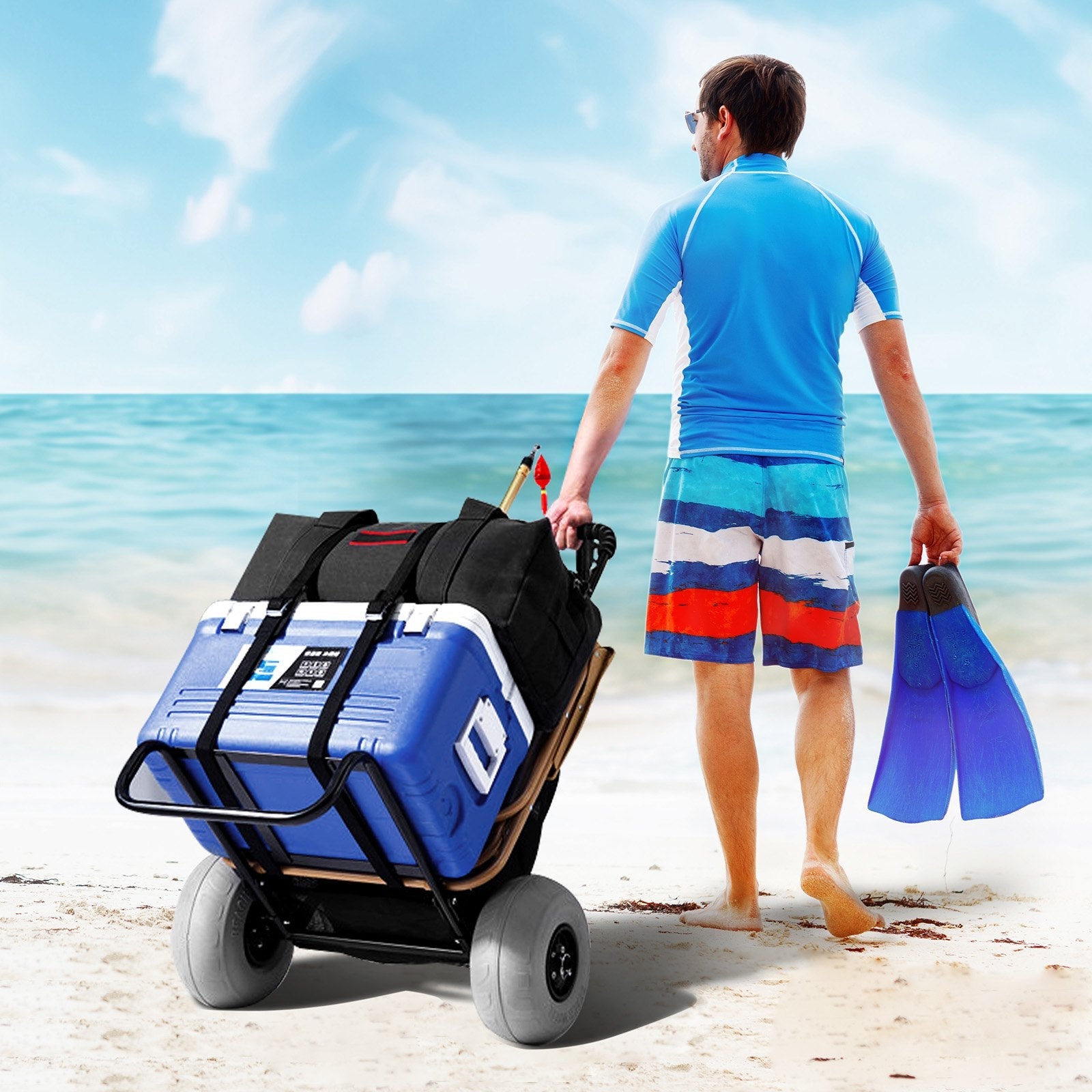 VEVOR Beach Dolly with Big Wheels for Sand, 20.1" x 14.6" Cargo Deck, w/ 9" Balloon Wheels, 165LBS Loading Capacity Folding Sand Cart & 27.2" to 44.9" Adjustable Height, Heavy Duty Cart for Beach 