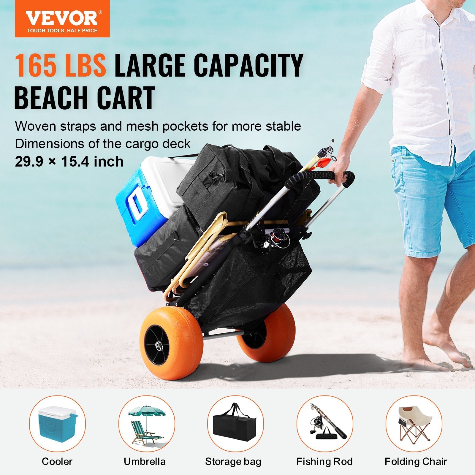 VEVOR Beach Dolly with Big Wheels for Sand, 29.9" x 15.4" Cargo Deck, w/ 12" Foam Wheels, 165LBS Loading Capacity Folding Sand Cart & 27" to 44.7" Adjustable Height, Heavy Duty Cart for Beach 