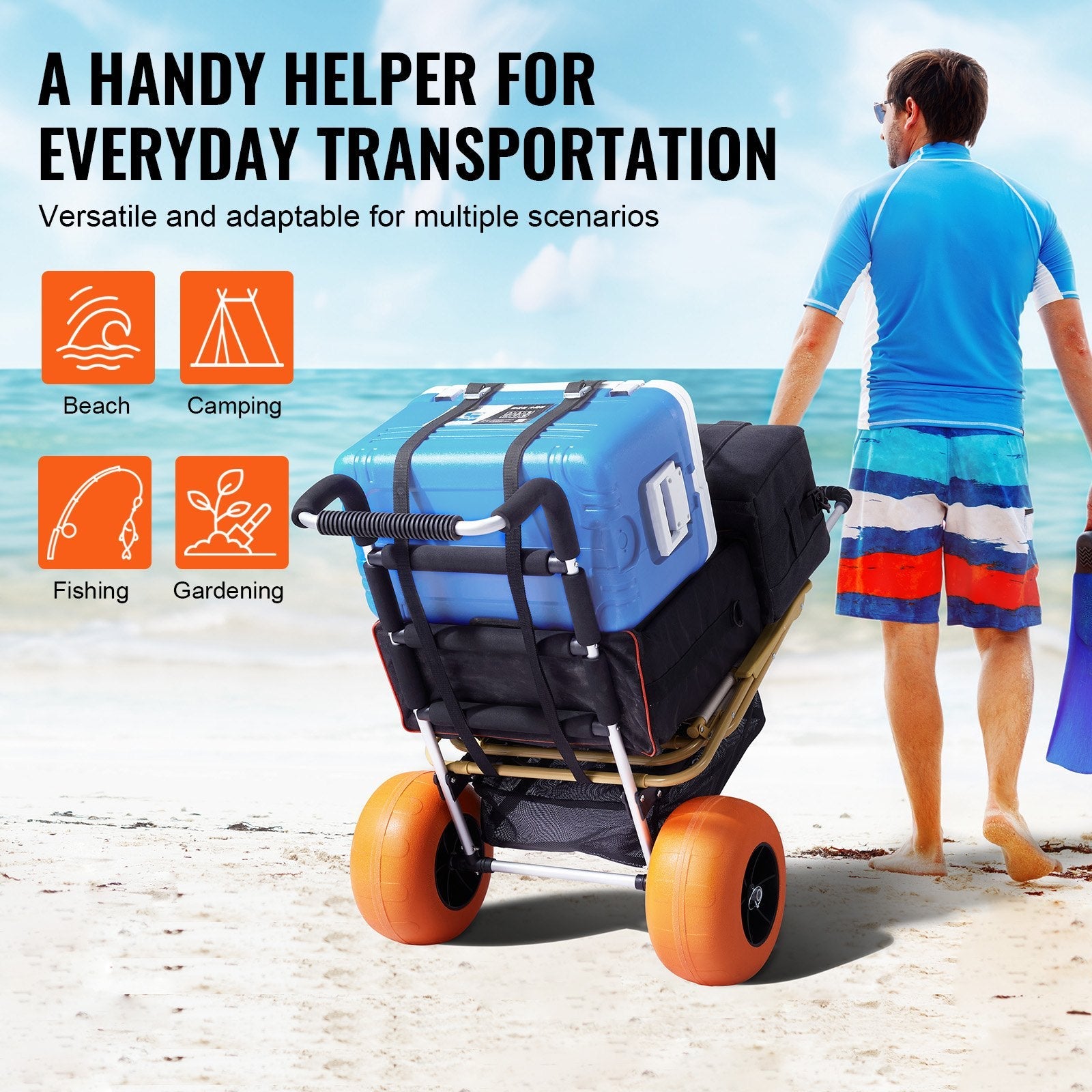 VEVOR Beach Dolly with Big Wheels for Sand, 29.9" x 15.4" Cargo Deck, w/ 12" Foam Wheels, 165LBS Loading Capacity Folding Sand Cart & 27" to 44.7" Adjustable Height, Heavy Duty Cart for Beach 