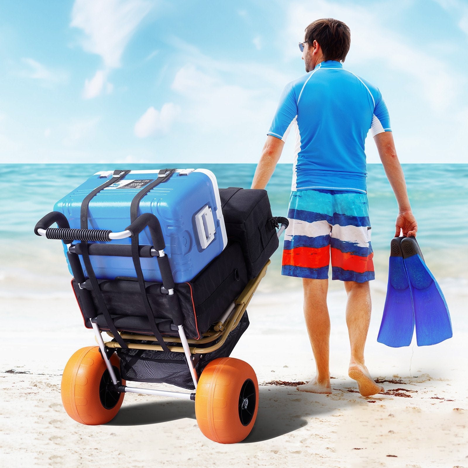 VEVOR Beach Dolly with Big Wheels for Sand, 29.9" x 15.4" Cargo Deck, w/ 12" Foam Wheels, 165LBS Loading Capacity Folding Sand Cart & 27" to 44.7" Adjustable Height, Heavy Duty Cart for Beach 