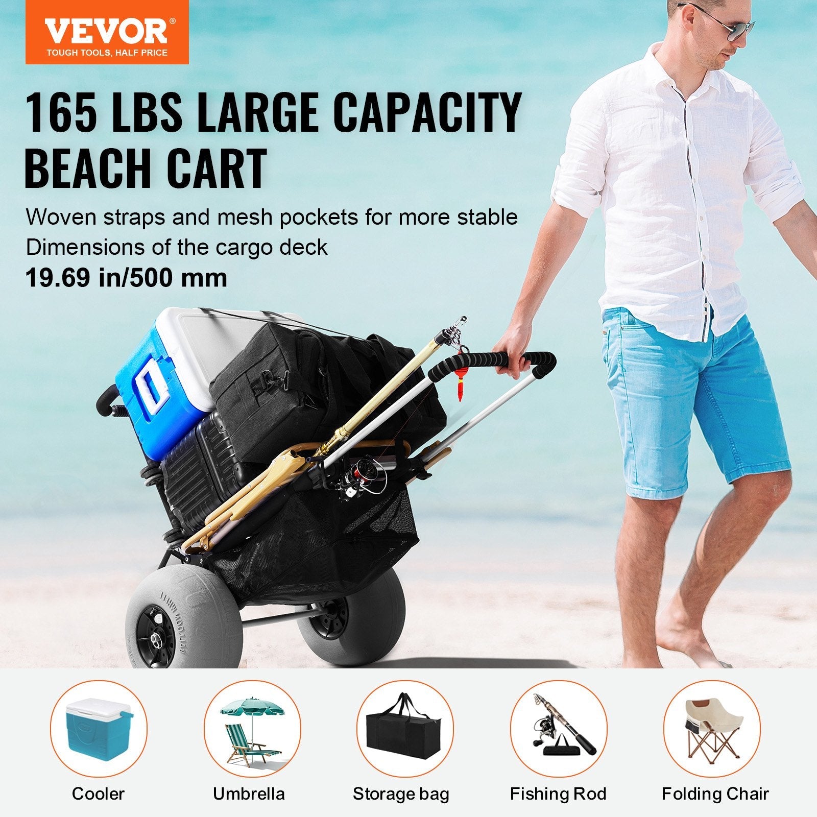 VEVOR Beach Dolly with Big Wheels for Sand, 29.9" x 15.4" Cargo Deck, w/ 12" Balloon Wheels, 165LBS Loading Capacity Folding Sand Cart & 27" to 44.7" Adjustable Height, Heavy Duty Cart for Beach 