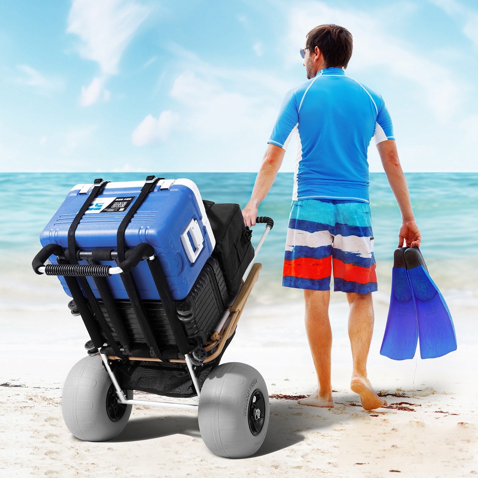VEVOR Beach Dolly with Big Wheels for Sand, 29.9" x 15.4" Cargo Deck, w/ 12" Balloon Wheels, 165LBS Loading Capacity Folding Sand Cart & 27" to 44.7" Adjustable Height, Heavy Duty Cart for Beach 