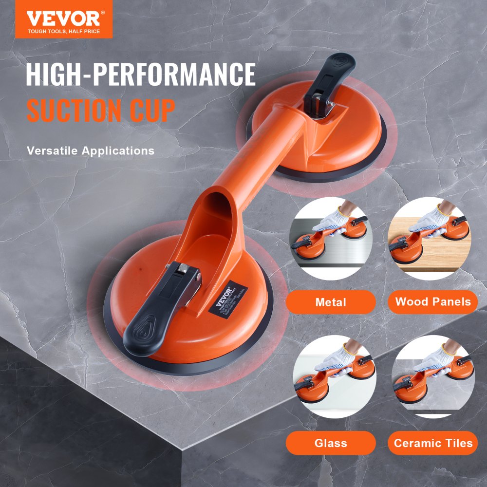 VEVOR Glass Suction Cup, 4.7" 2 Pack 330 lbs Load Capacity, Vacuum Suction Cup with Aluminum Handle, Heavy Duty Industrial Suction Cup Lifter Tool for Glass, Granite, Tile, Metal, Wood Panel Lifting 