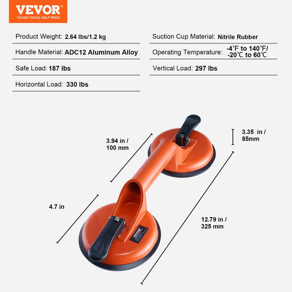 VEVOR Glass Suction Cup, 4.7" 2 Pack 330 lbs Load Capacity, Vacuum Suction Cup with Aluminum Handle, Heavy Duty Industrial Suction Cup Lifter Tool for Glass, Granite, Tile, Metal, Wood Panel Lifting 