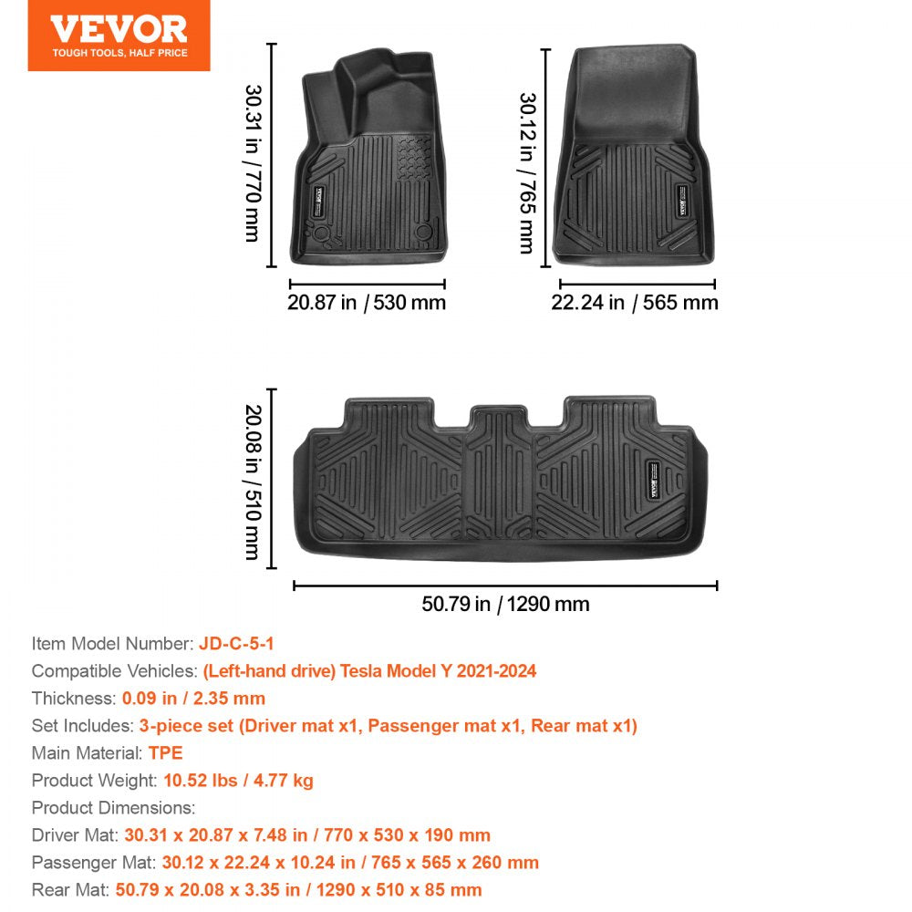 VEVOR Automotive Floor Mats Fits for Tesla Model Y 2021-2024 3 pcs TPE Liners 