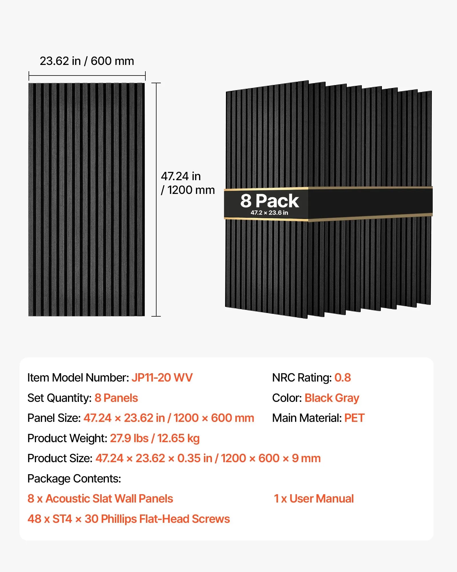 Wood Acoustic Slat Wall Panels – 8-Pack, 47.2" x 23.6"