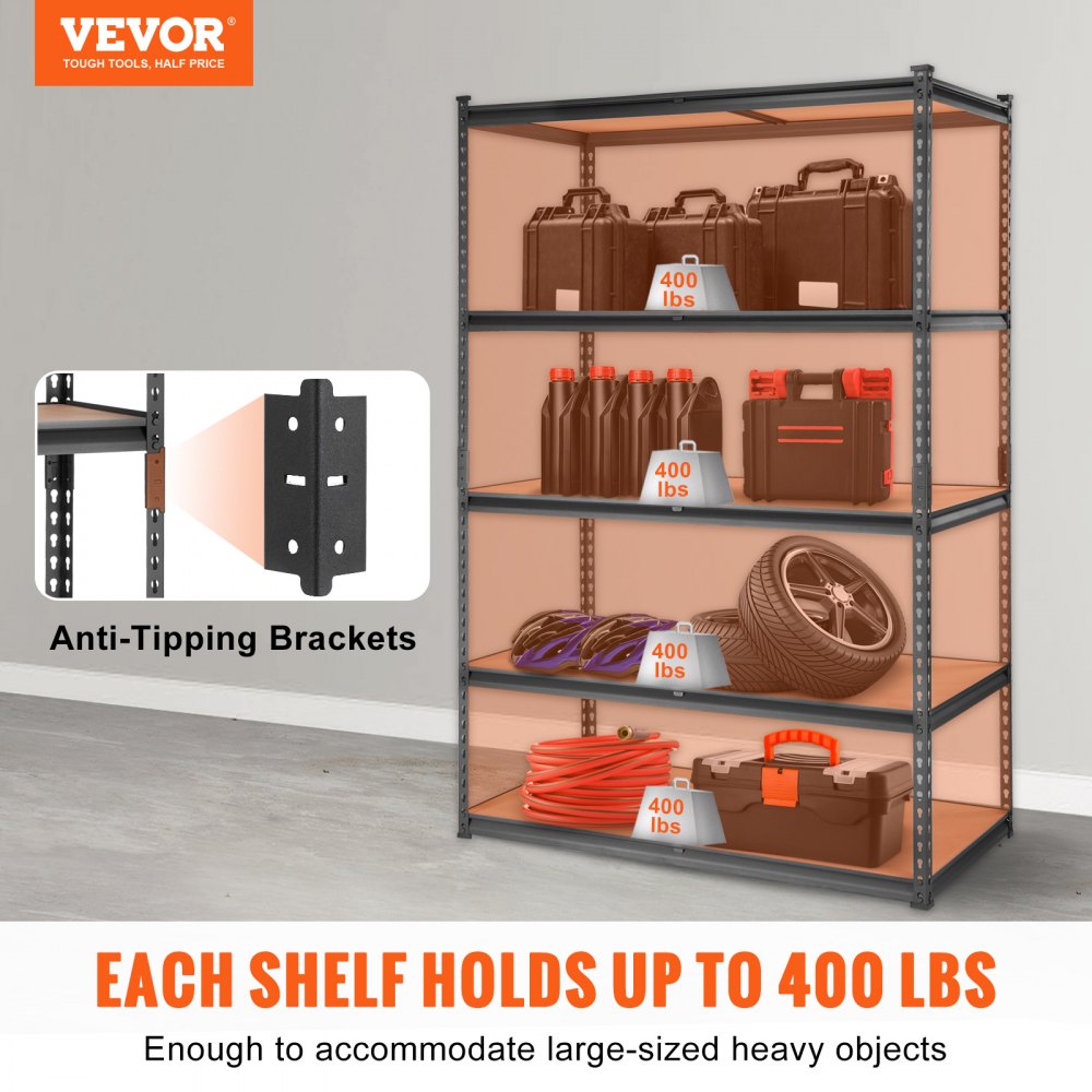 VEVOR Storage Shelving Unit, 5-Tier Adjustable, 2000 lbs Capacity, Heavy Duty Garage Shelves Metal Organizer Utility Rack, Black, 48" L x 24" W x 72" H for Kitchen Pantry Basement Bathroom Laundry 