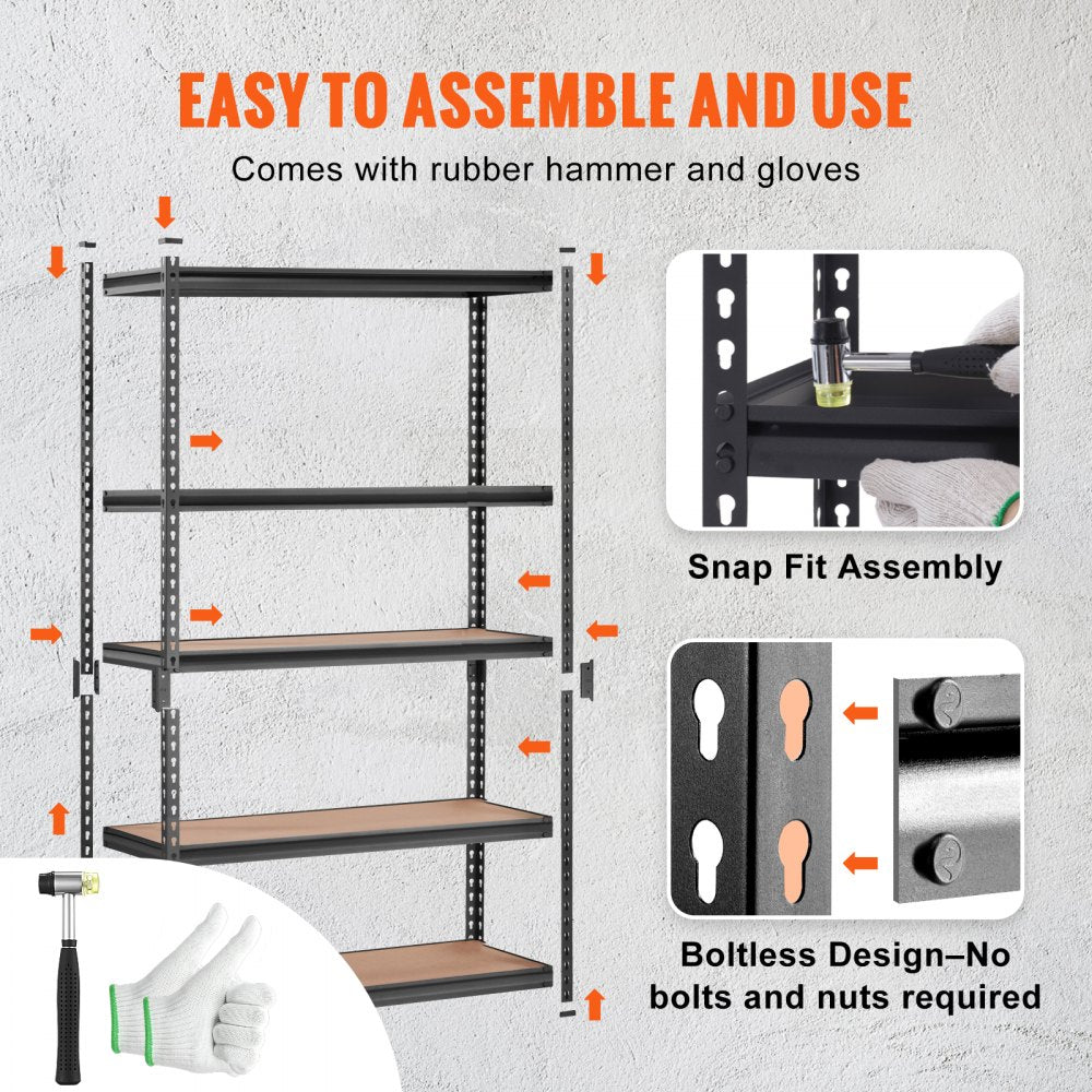 VEVOR Storage Shelving Unit, 5-Tier Adjustable, 2000 lbs Capacity, Heavy Duty Garage Shelves Metal Organizer Utility Rack, Black, 48" L x 24" W x 72" H for Kitchen Pantry Basement Bathroom Laundry 