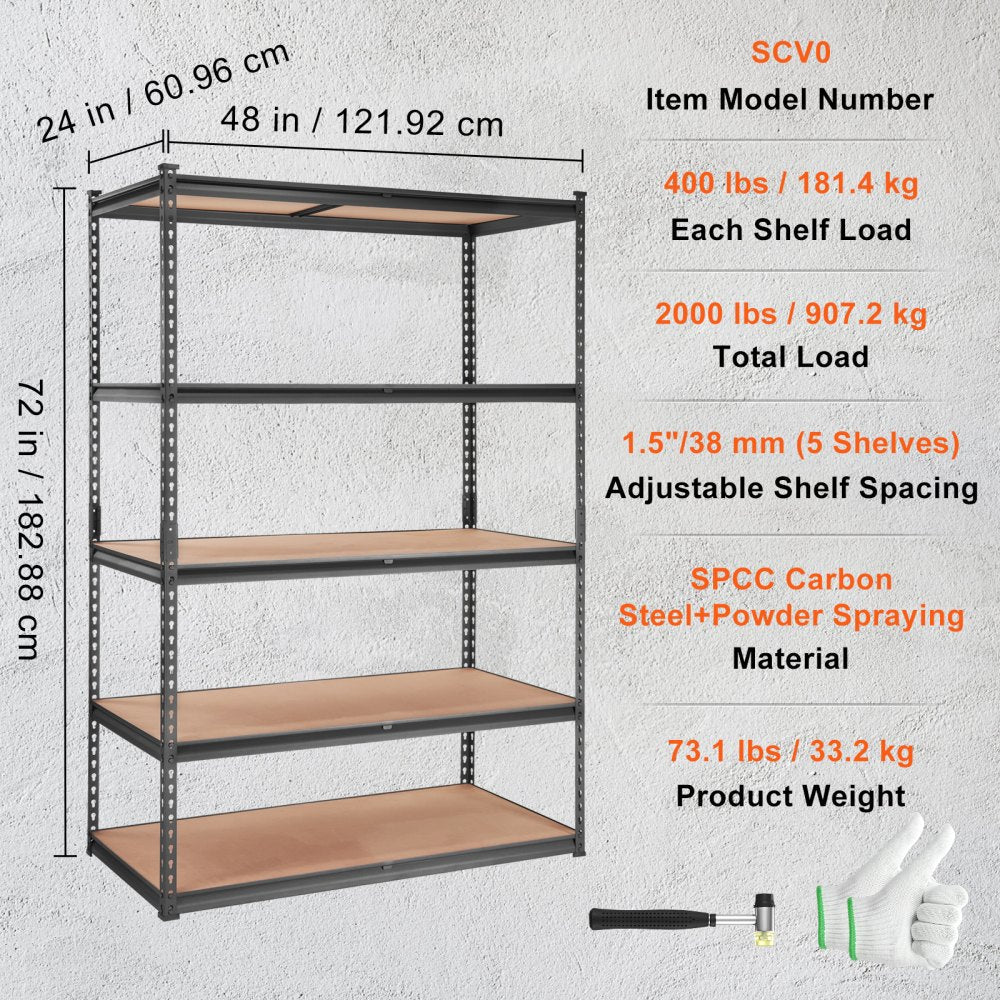 VEVOR Storage Shelving Unit, 5-Tier Adjustable, 2000 lbs Capacity, Heavy Duty Garage Shelves Metal Organizer Utility Rack, Black, 48" L x 24" W x 72" H for Kitchen Pantry Basement Bathroom Laundry 