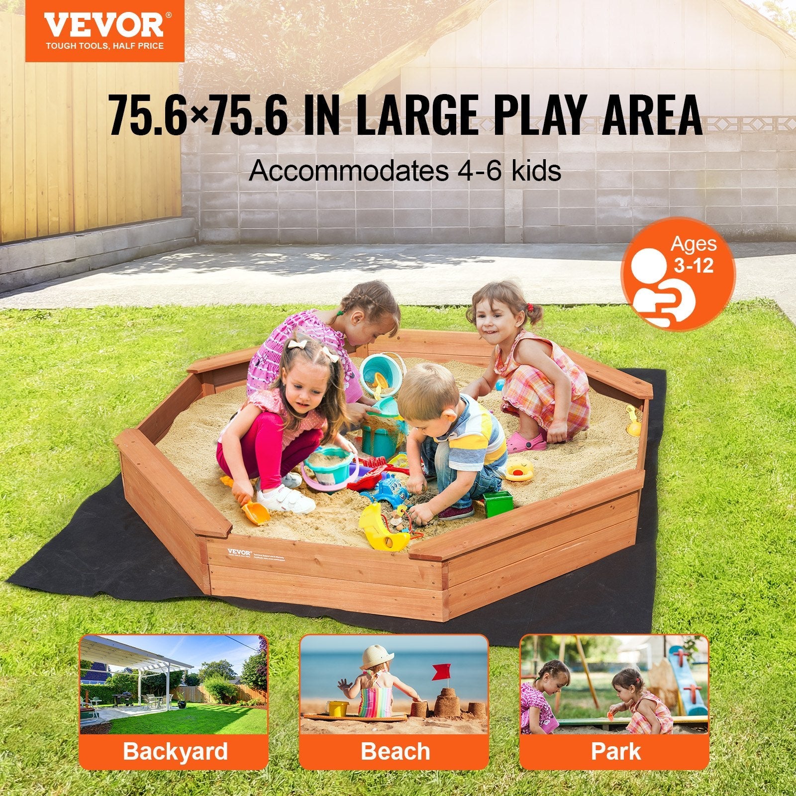 VEVOR Wooden Sandbox with Cover Octagonal Sand Box Sand Pit Outdoor Ages 3-12 