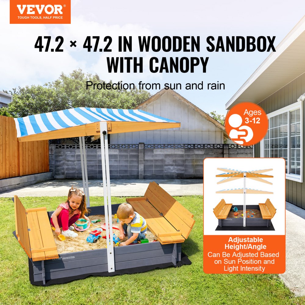 VEVOR Wooden Sandbox with Canopy Sand Box Sand Pit Outdoor Backyard Ages 3-12 