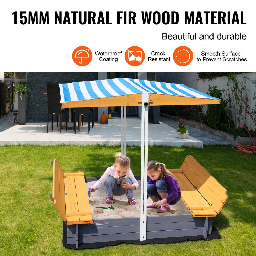 VEVOR Wooden Sandbox with Canopy Sand Box Sand Pit Outdoor Backyard Ages 3-12 
