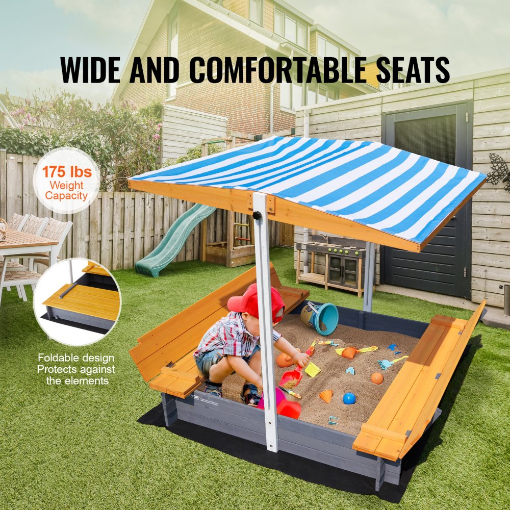 VEVOR Wooden Sandbox with Canopy Sand Box Sand Pit Outdoor Backyard Ages 3-12 