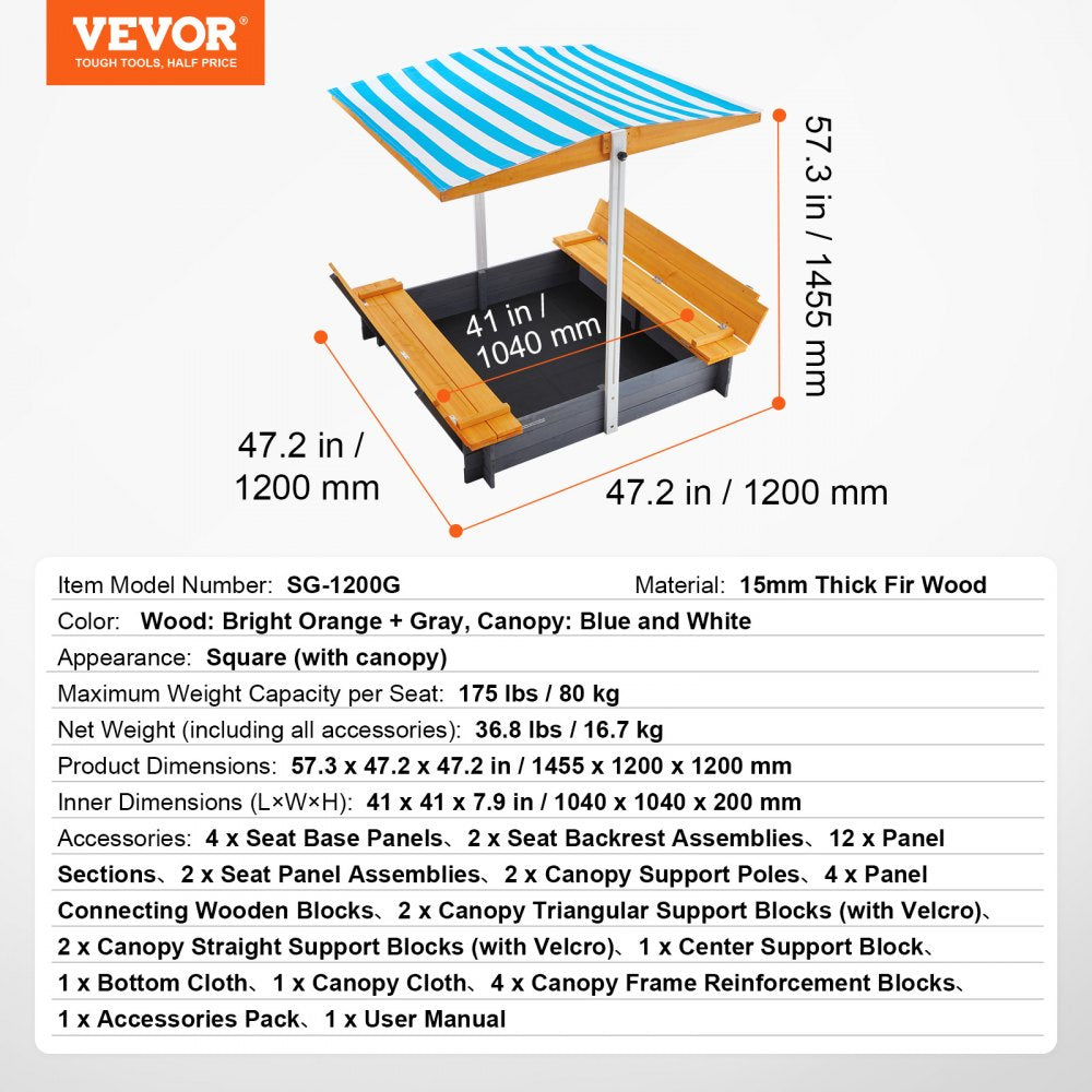 VEVOR Wooden Sandbox with Canopy Sand Box Sand Pit Outdoor Backyard Ages 3-12 