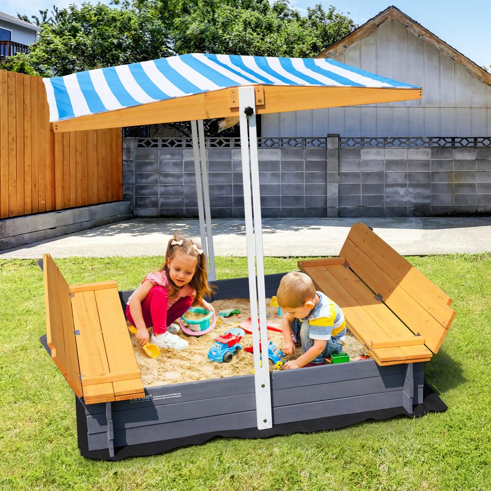 VEVOR Wooden Sandbox with Canopy Sand Box Sand Pit Outdoor Backyard Ages 3-12 
