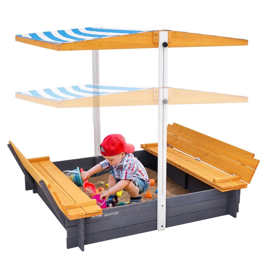 VEVOR Wooden Sandbox with Canopy Sand Box Sand Pit Outdoor Backyard Ages 3-12 