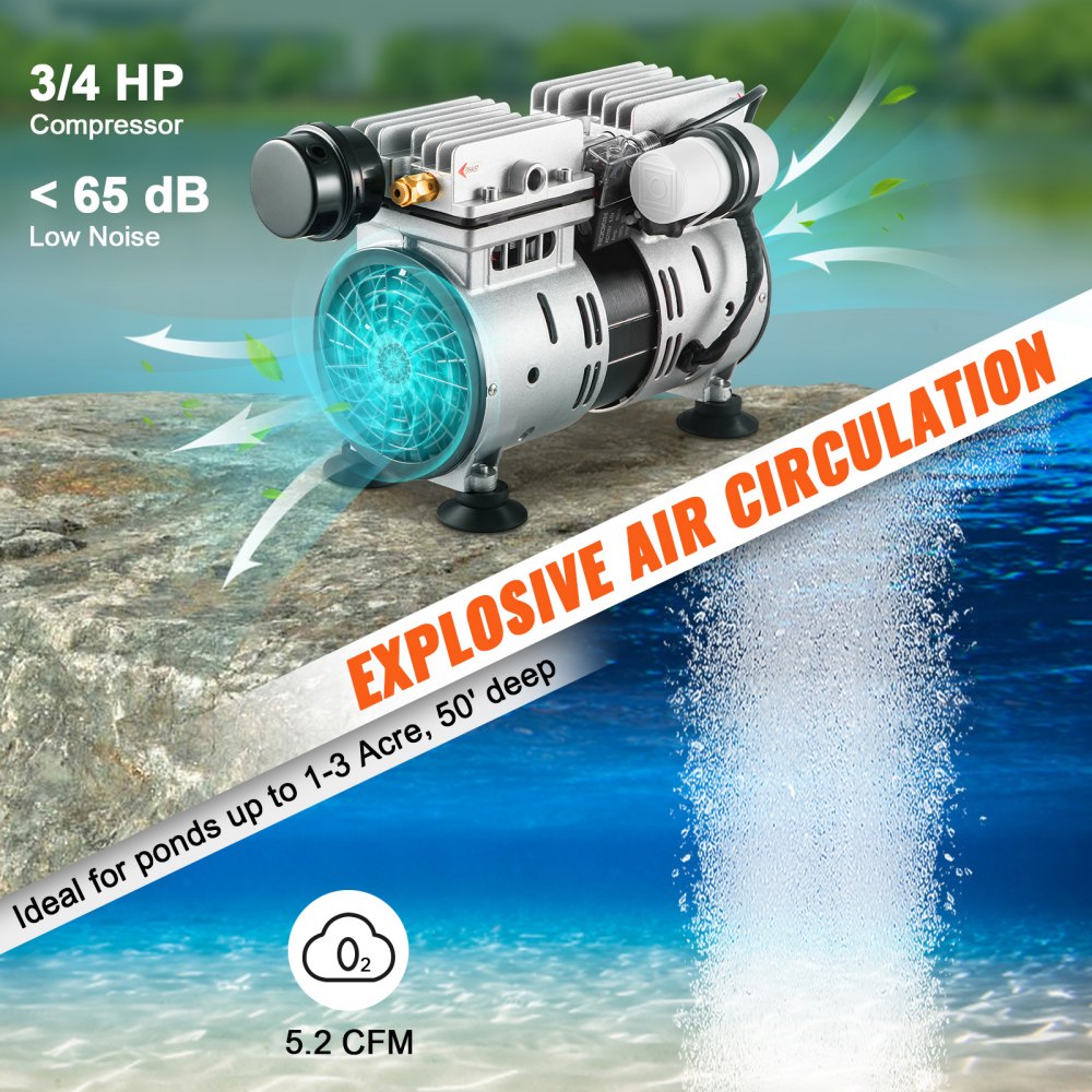 VEVOR Pond Aerator, 550W Power, 5.2CFM for Up to 3 Acre 50' Lake, Pond Aeration Kit Includes 3/4 HP Compressor & Timer & Valves, Air Compressor for Deep Water Oxygen Circulation, for Pond, Lake 