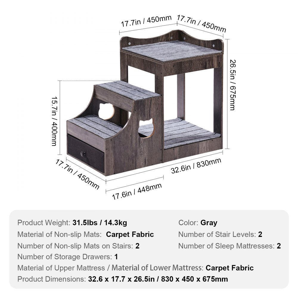 VEVOR Pet Bunk Bed with Stairs Dog/Cat Window Perch with Storage Indoor Gray 