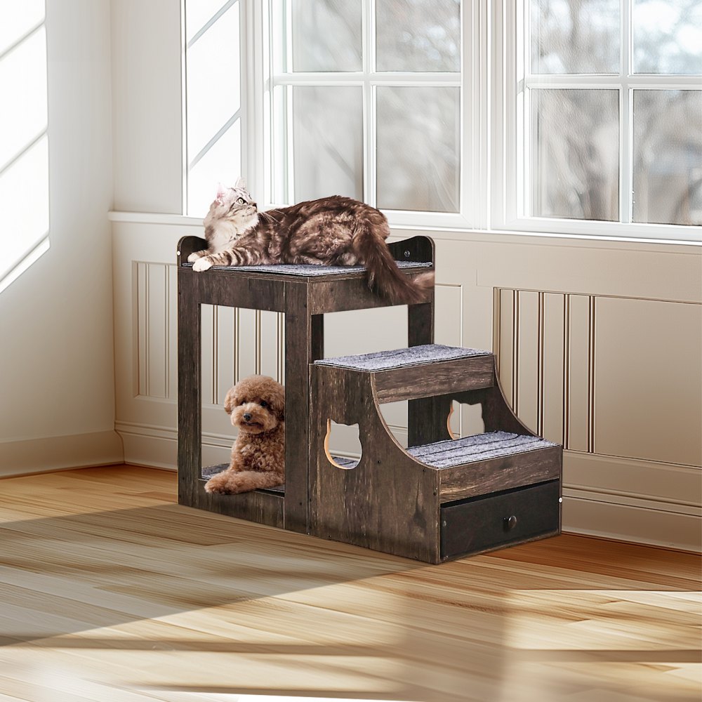 VEVOR Pet Bunk Bed with Stairs Dog/Cat Window Perch with Storage Indoor Gray 