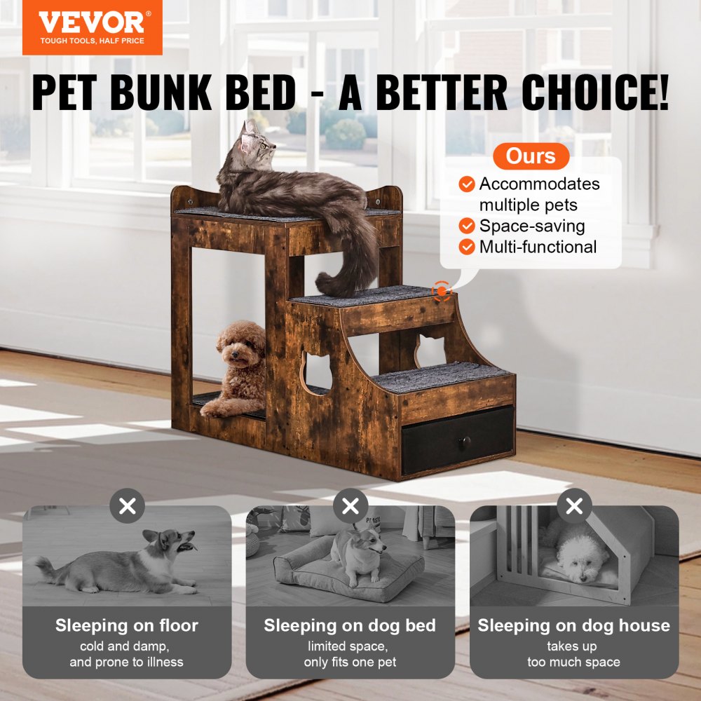 VEVOR Pet Bunk Bed with Stairs Dog/Cat Window Perch with Storage Indoor Brown 
