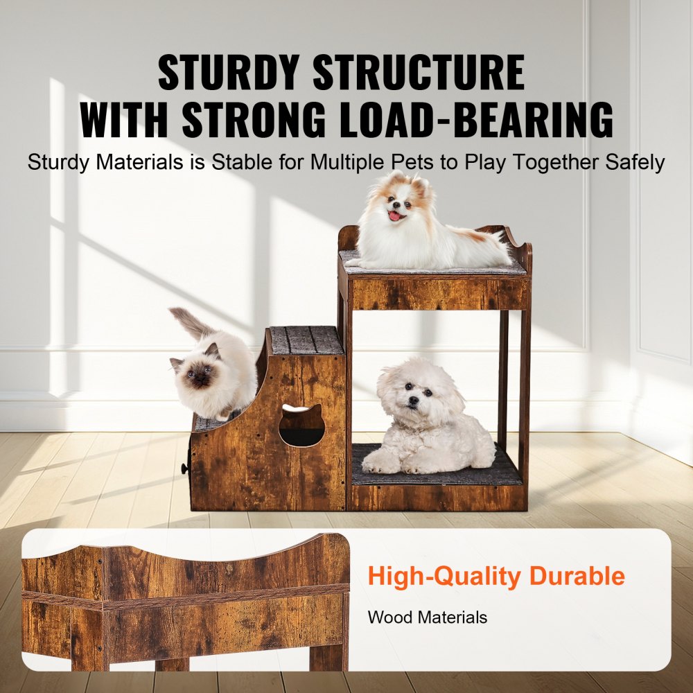 VEVOR Pet Bunk Bed with Stairs Dog/Cat Window Perch with Storage Indoor Brown 