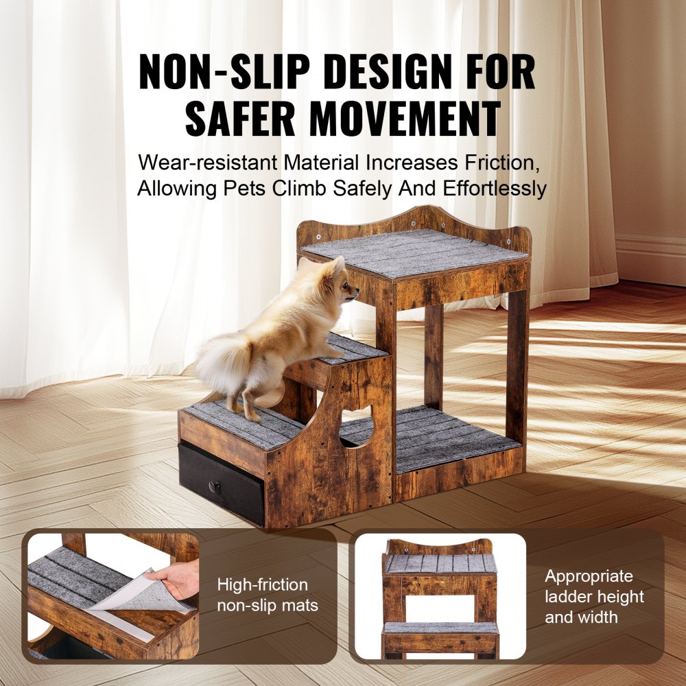 VEVOR Pet Bunk Bed with Stairs Dog/Cat Window Perch with Storage Indoor Brown 