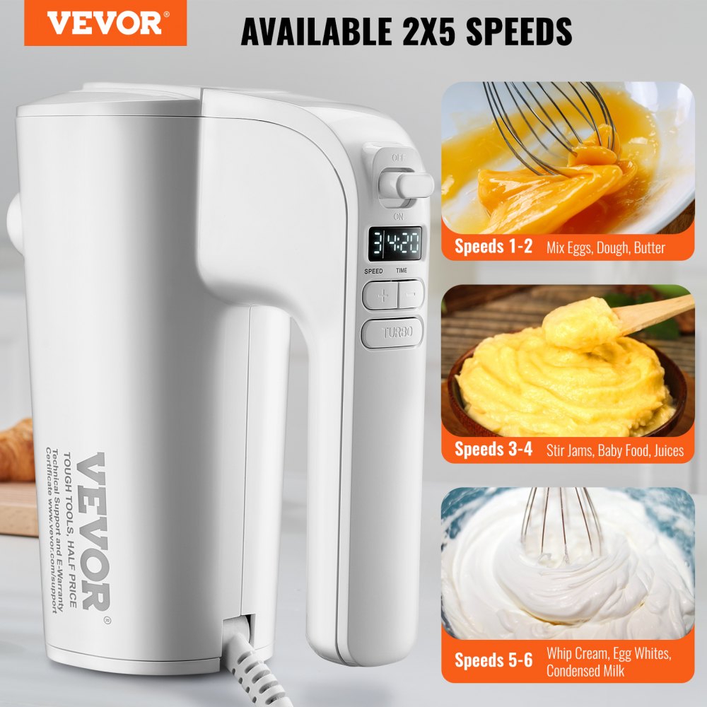VEVOR Digital Electric Hand Mixer, 5-Speed, 200W Portable Electric Handheld Mixer, with Turbo Boost Beaters Dough Hooks Whisk Storage Bag, Baking Supplies for Whipping Mixing Egg Cookie Cake Cream 