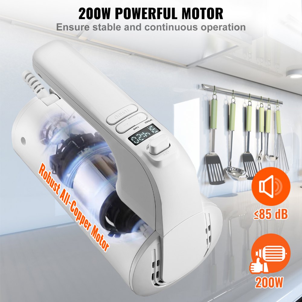 VEVOR Digital Electric Hand Mixer, 5-Speed, 200W Portable Electric Handheld Mixer, with Turbo Boost Beaters Dough Hooks Whisk Storage Bag, Baking Supplies for Whipping Mixing Egg Cookie Cake Cream 