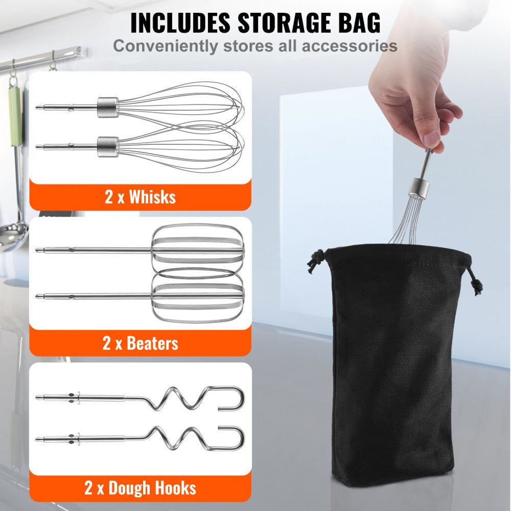VEVOR Digital Electric Hand Mixer, 5-Speed, 200W Portable Electric Handheld Mixer, with Turbo Boost Beaters Dough Hooks Whisk Storage Bag, Baking Supplies for Whipping Mixing Egg Cookie Cake Cream 