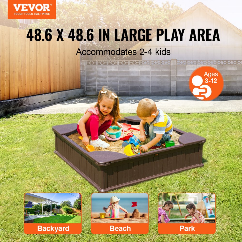 VEVOR Sandbox with Cover, 48.6x48.6x12.4 in Square Sand Box, HDPE Sand Pit with 4 Corner Seating and Bottom Liner, Kids Sandbox for Outdoor Backyard, Beach, Park, Gift for Boys Girls Ages 3-12, Brown 