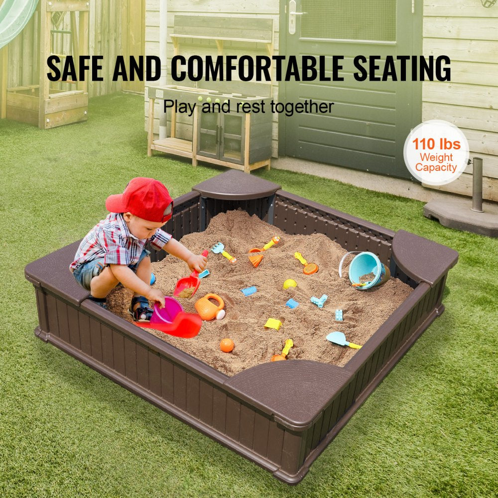 VEVOR Sandbox with Cover, 48.6x48.6x12.4 in Square Sand Box, HDPE Sand Pit with 4 Corner Seating and Bottom Liner, Kids Sandbox for Outdoor Backyard, Beach, Park, Gift for Boys Girls Ages 3-12, Brown 