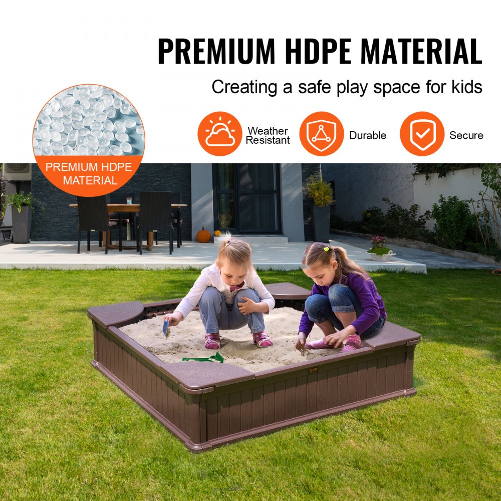 VEVOR Sandbox with Cover, 48.6x48.6x12.4 in Square Sand Box, HDPE Sand Pit with 4 Corner Seating and Bottom Liner, Kids Sandbox for Outdoor Backyard, Beach, Park, Gift for Boys Girls Ages 3-12, Brown 