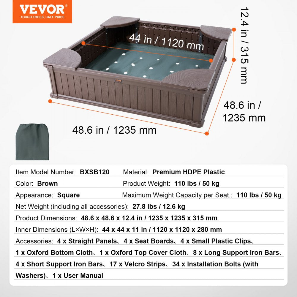 VEVOR Sandbox with Cover, 48.6x48.6x12.4 in Square Sand Box, HDPE Sand Pit with 4 Corner Seating and Bottom Liner, Kids Sandbox for Outdoor Backyard, Beach, Park, Gift for Boys Girls Ages 3-12, Brown 