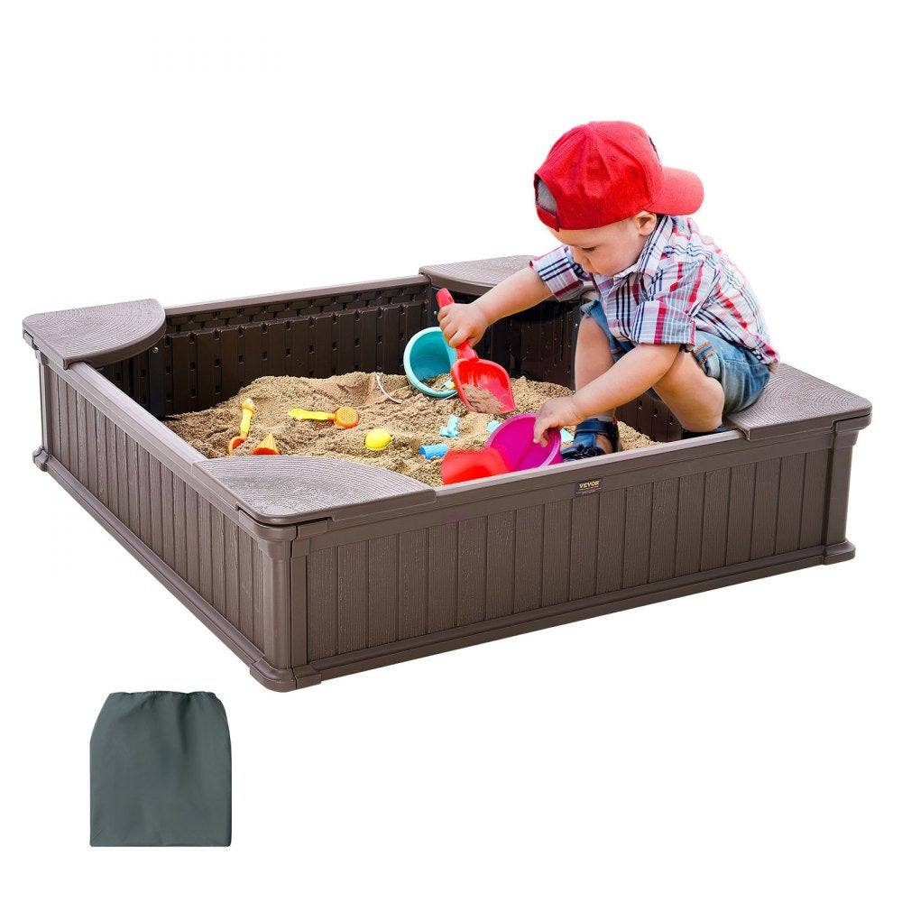 VEVOR Sandbox with Cover, 48.6x48.6x12.4 in Square Sand Box, HDPE Sand Pit with 4 Corner Seating and Bottom Liner, Kids Sandbox for Outdoor Backyard, Beach, Park, Gift for Boys Girls Ages 3-12, Brown 