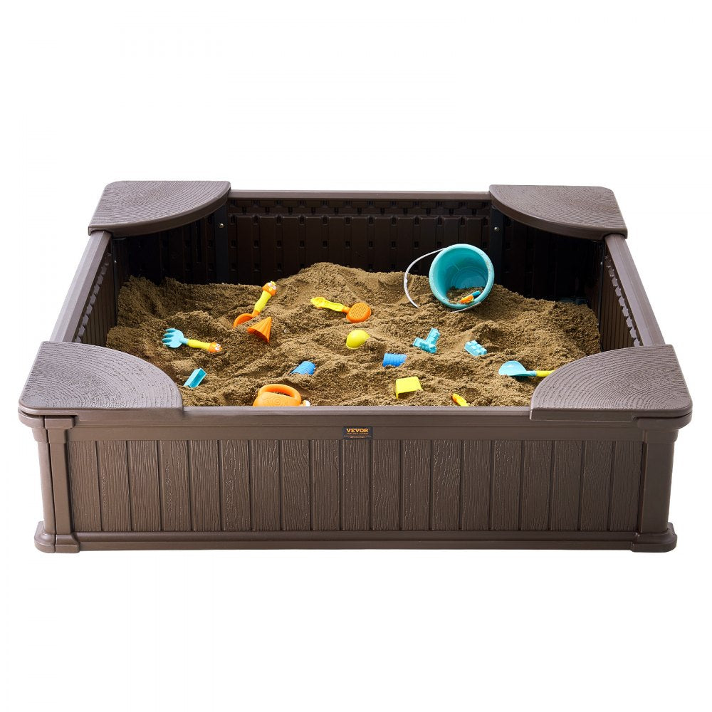 VEVOR Sandbox with Cover, 48.6x48.6x12.4 in Square Sand Box, HDPE Sand Pit with 4 Corner Seating and Bottom Liner, Kids Sandbox for Outdoor Backyard, Beach, Park, Gift for Boys Girls Ages 3-12, Brown 