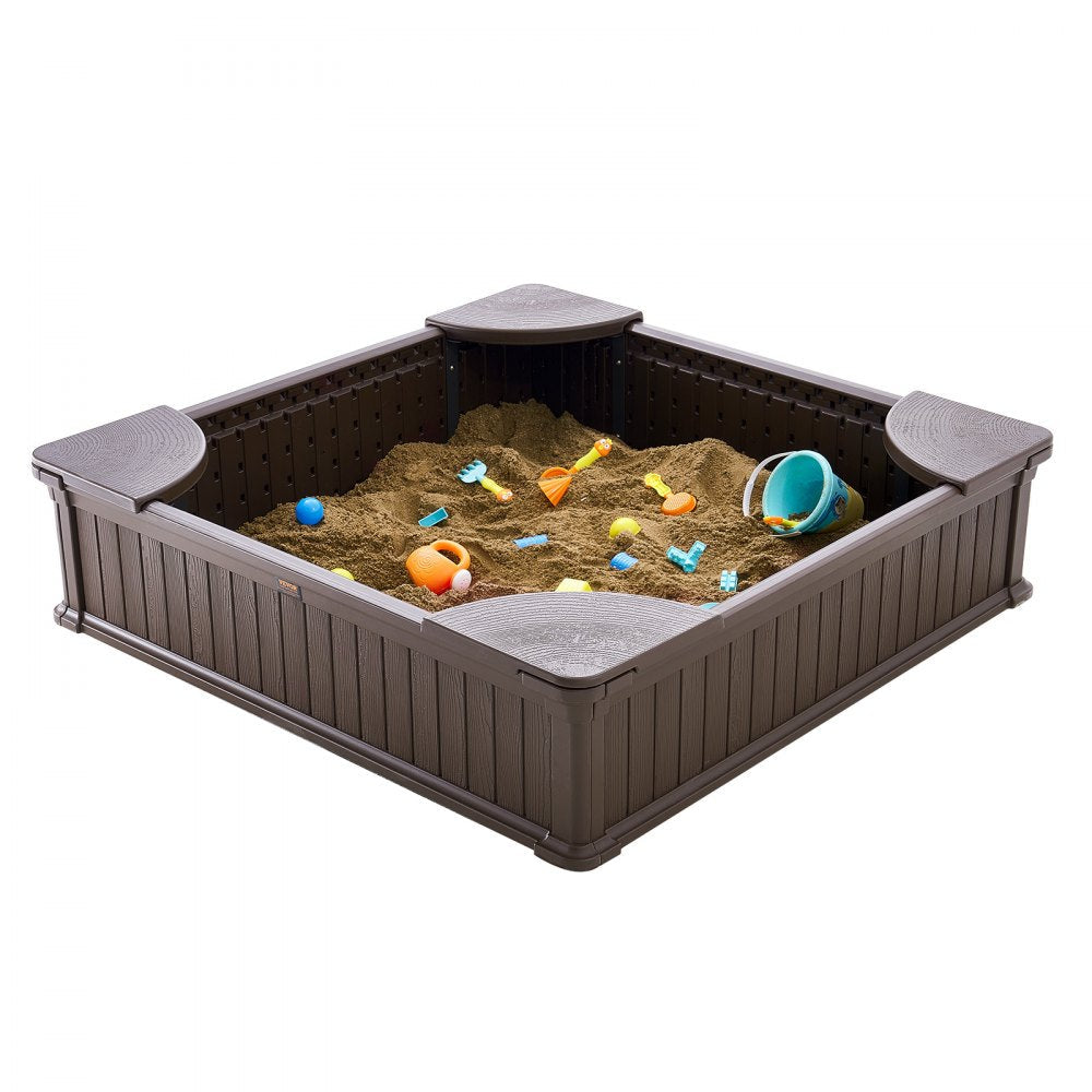 VEVOR Sandbox with Cover, 48.6x48.6x12.4 in Square Sand Box, HDPE Sand Pit with 4 Corner Seating and Bottom Liner, Kids Sandbox for Outdoor Backyard, Beach, Park, Gift for Boys Girls Ages 3-12, Brown 