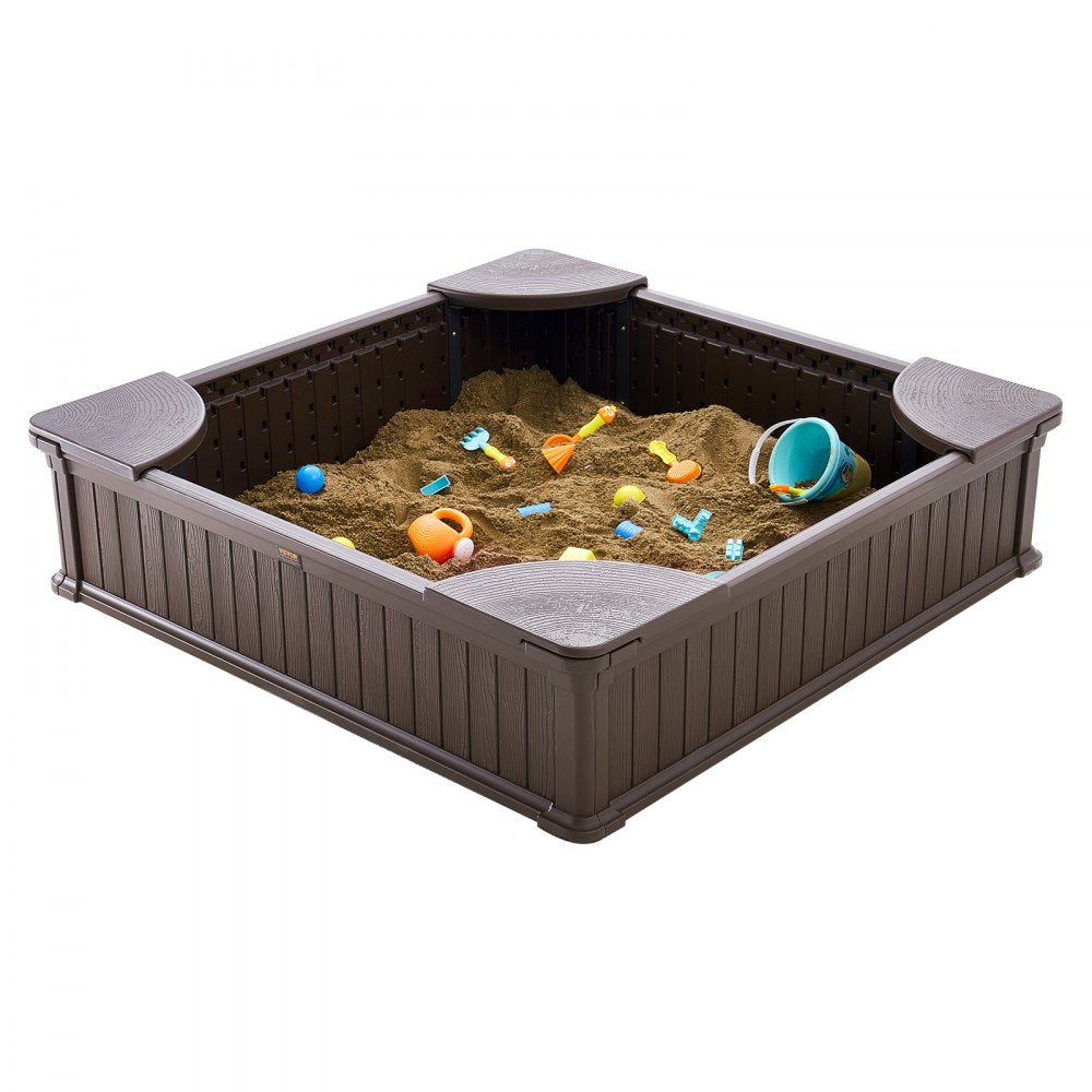 VEVOR Sandbox with Cover, 48.6x48.6x12.4 in Square Sand Box, HDPE Sand Pit with 4 Corner Seating and Bottom Liner, Kids Sandbox for Outdoor Backyard, Beach, Park, Gift for Boys Girls Ages 3-12, Brown 