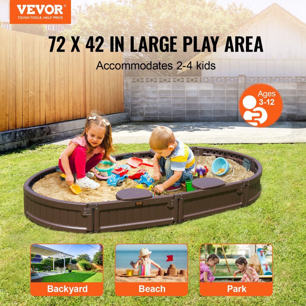 VEVOR Sandbox with Cover, 72 x 41.5 x 9.1 in Oval Sand Box, HDPE Sand Pit with 4 Corner Seating and Bottom Liner, Kids Sandbox for Outdoor Backyard, Beach, Park, Gift for Boys Girls Ages 3-12, Brown 